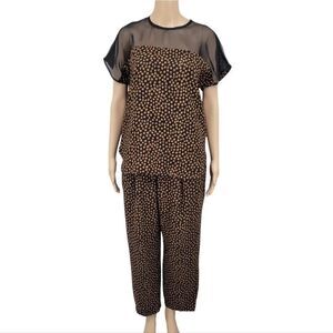 Carlo Moda Vintage Matching Set Black Gold Dot Trousers Blouse Illusion Neckline